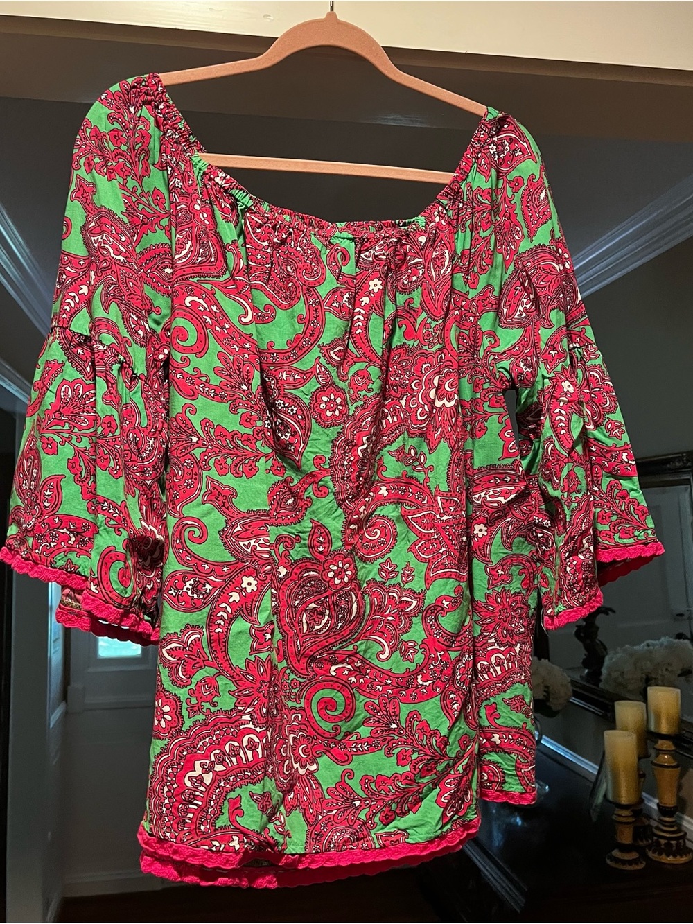Crown & Ivy Green and pink Paisley Off-Shoulder Top